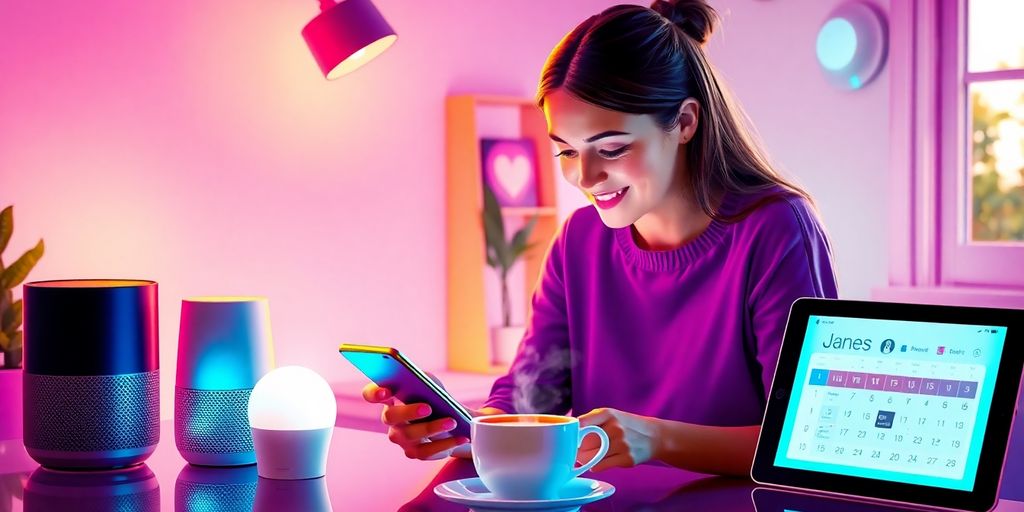 Person enjoying coffee with smartphone and smart devices.