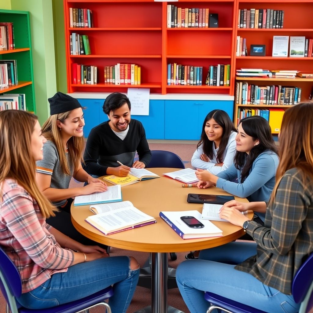 Mahasiswa berdiskusi di sekitar meja dengan buku dan laptop.