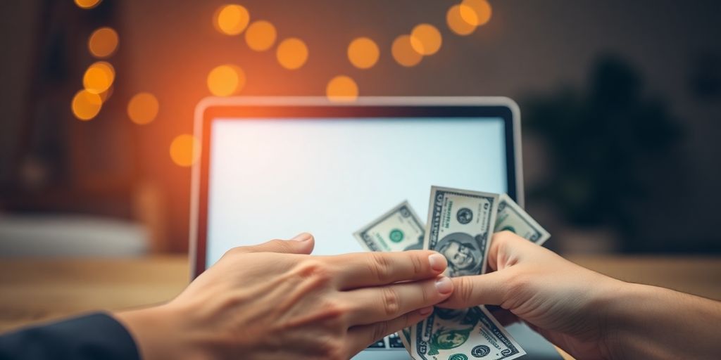 Person pointing at laptop, money floating around.