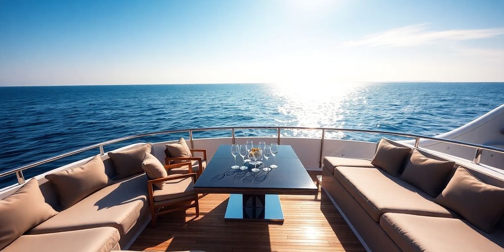 Superyacht sun deck dining area with ocean view.