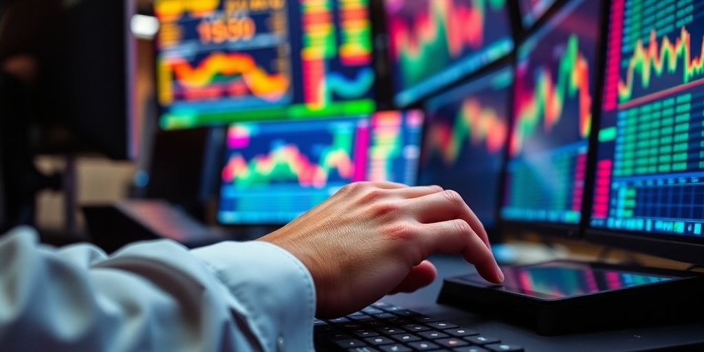Trader's hands on keyboard with colorful monitors.