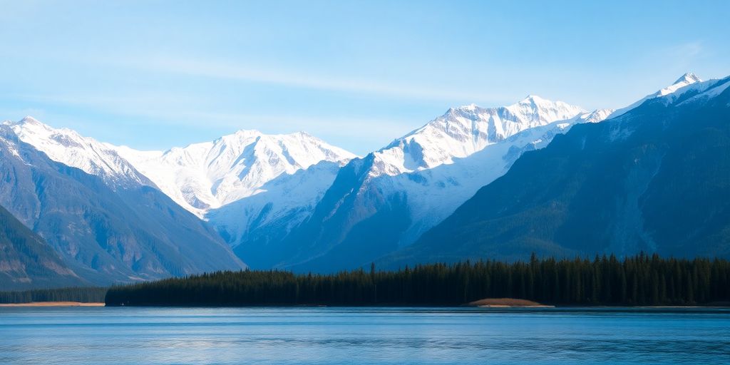 Alaskan landscape with mountains and water.