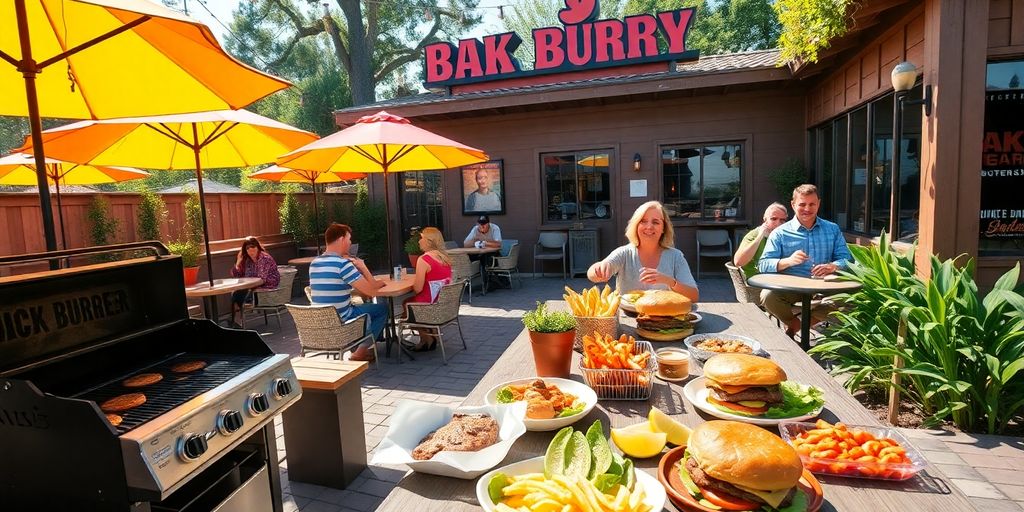 Outdoor dining at Back Yard Burgers with burgers and seating.