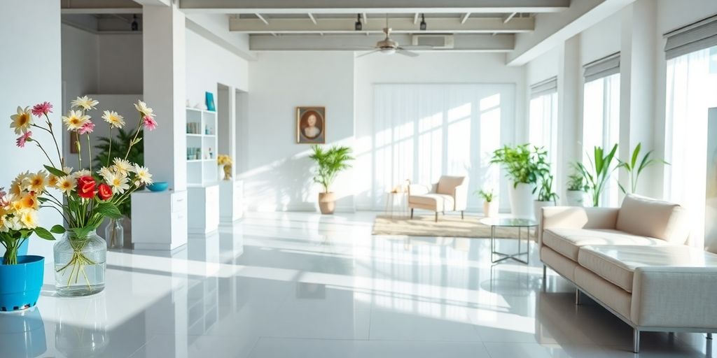 غرفة نظيفة بأثاث منظم وزهور جميلة.