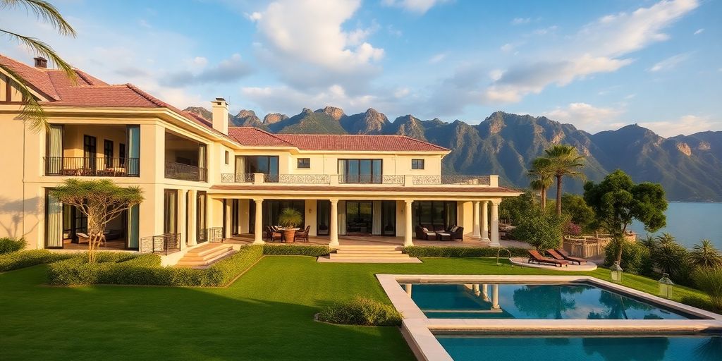 Luxurious private villa with pool and lush surroundings.