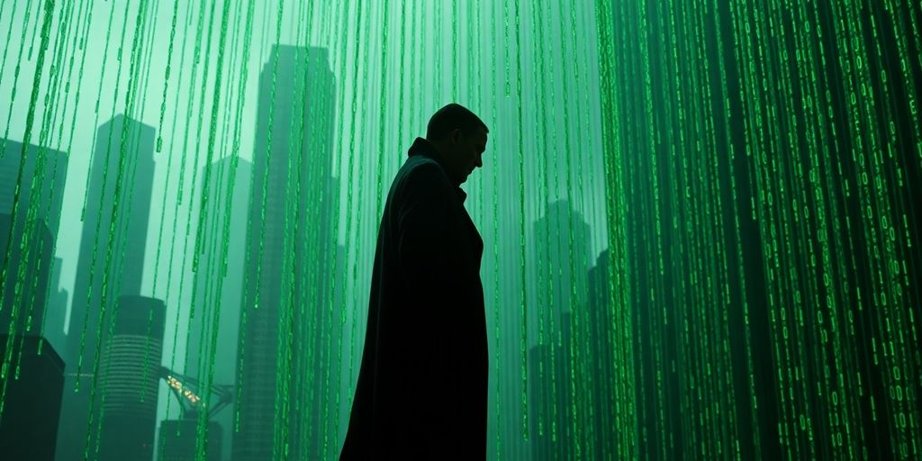 A figure in a trench coat amidst green digital rain.