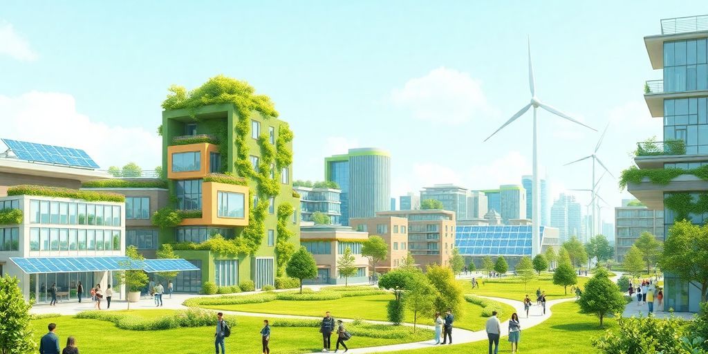 Vibrante grüne Stadtlandschaft mit innovativen Gebäuden und Energiequellen.