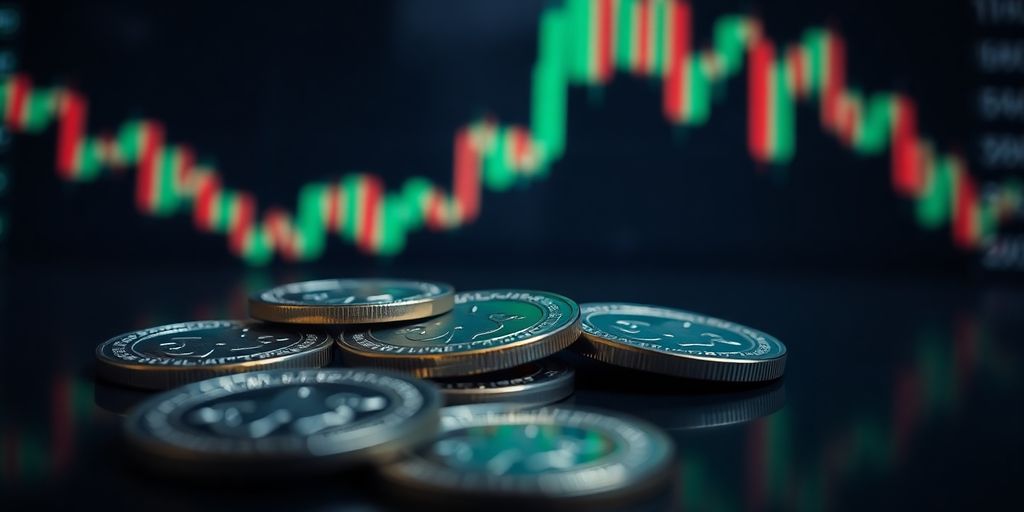 Digital coins and trading charts on a screen.