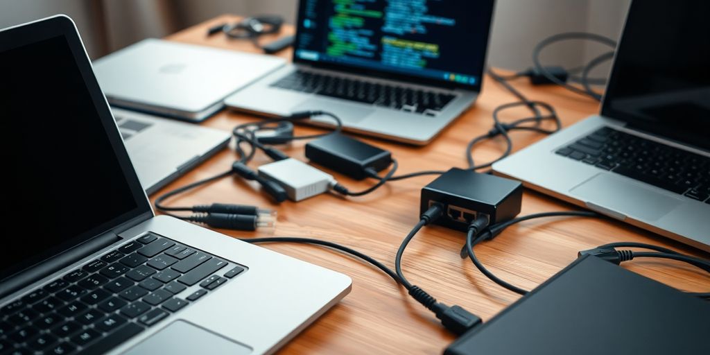 Pentesting tools arranged on a wooden desk.