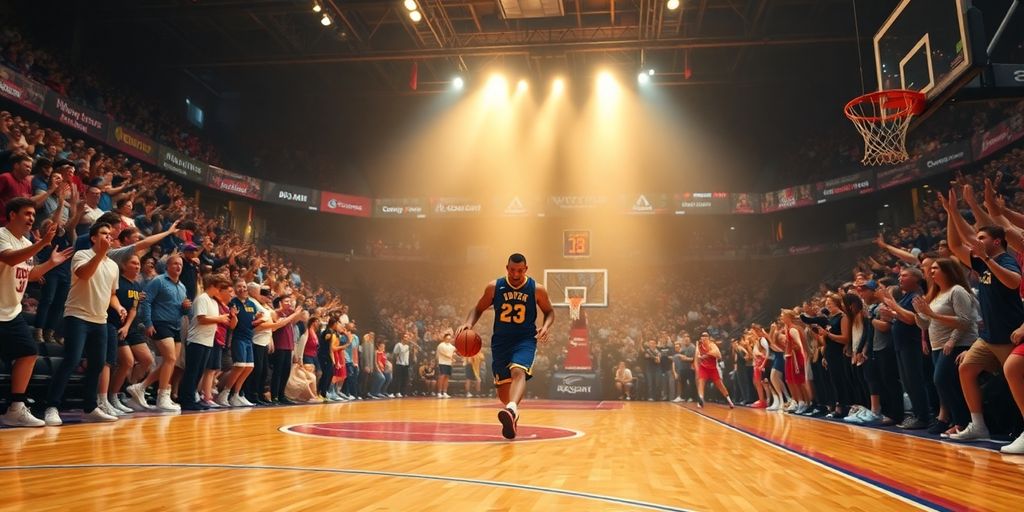 Basketball player on court with fans cheering in background.