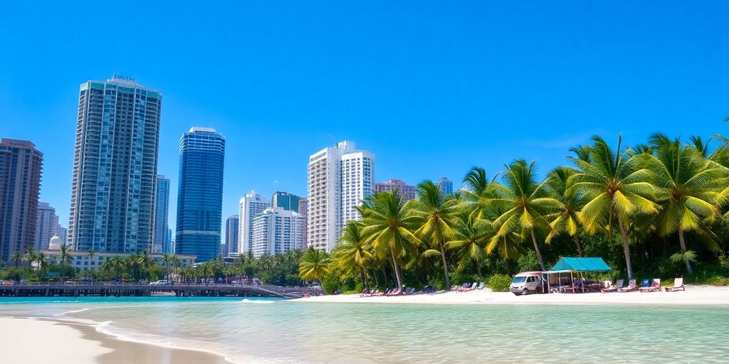 Cityscape, beach, skyline, palms