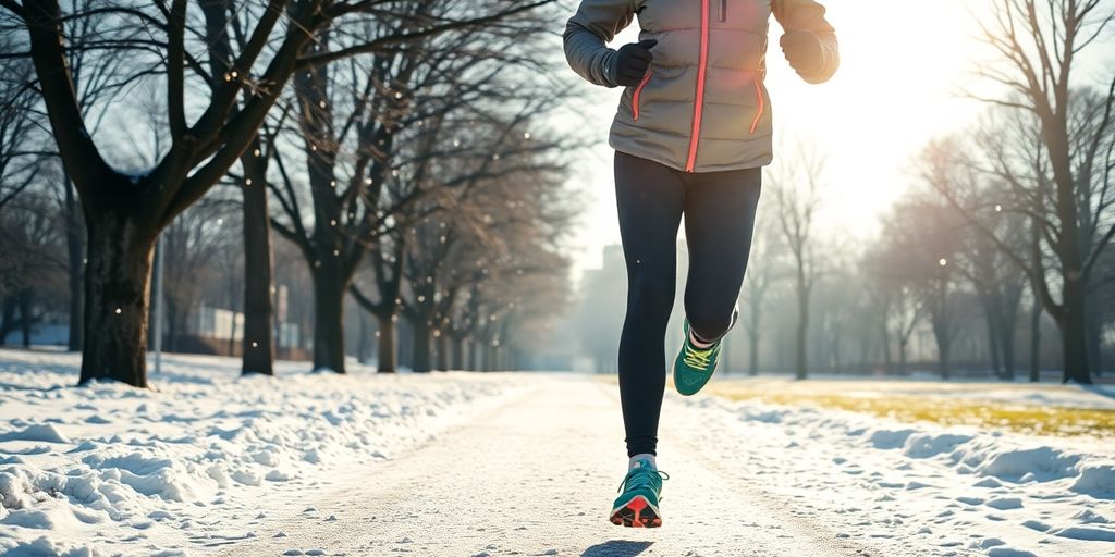 Person jogging in snowy park.