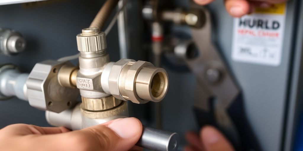 Gas valve on a furnace being replaced by a technician.