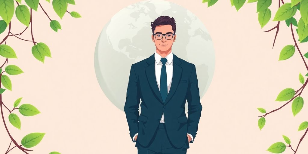 A person in a suit, a globe, and leaves.