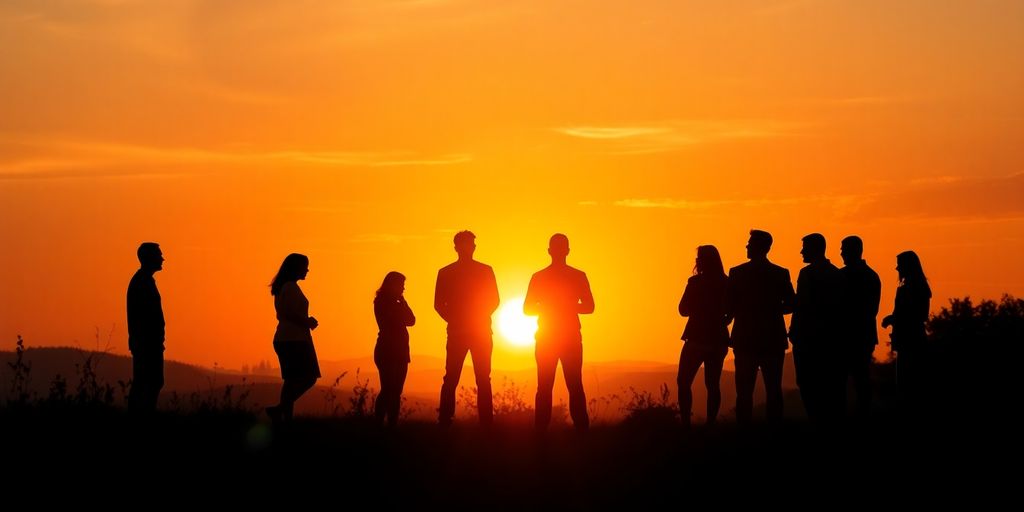 Silhouettes of people gathering in a peaceful landscape.