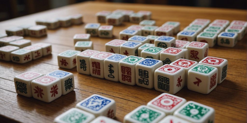 Various Mahjong tile sets arranged neatly on a table.
