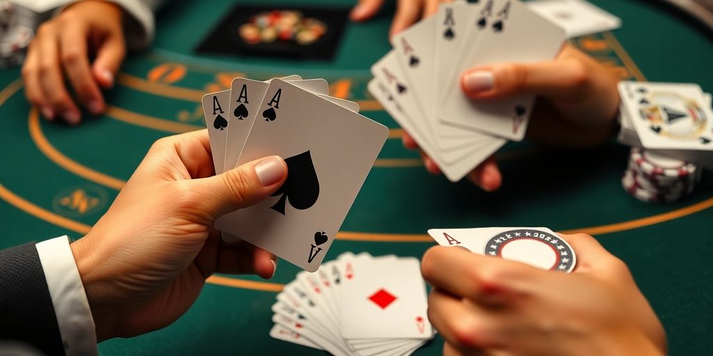 Blackjack cards and chips on a green felt table.