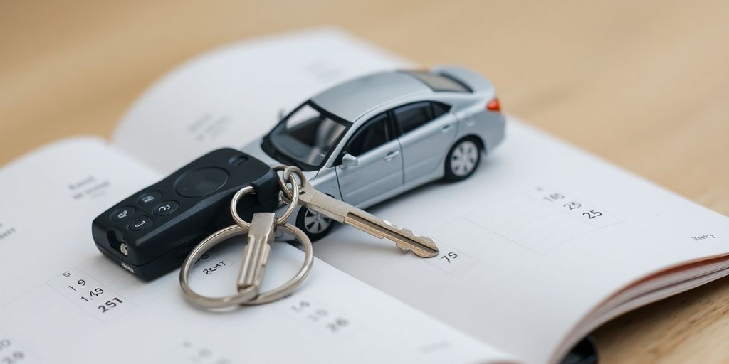 Car keys and miniature car on a calendar.
