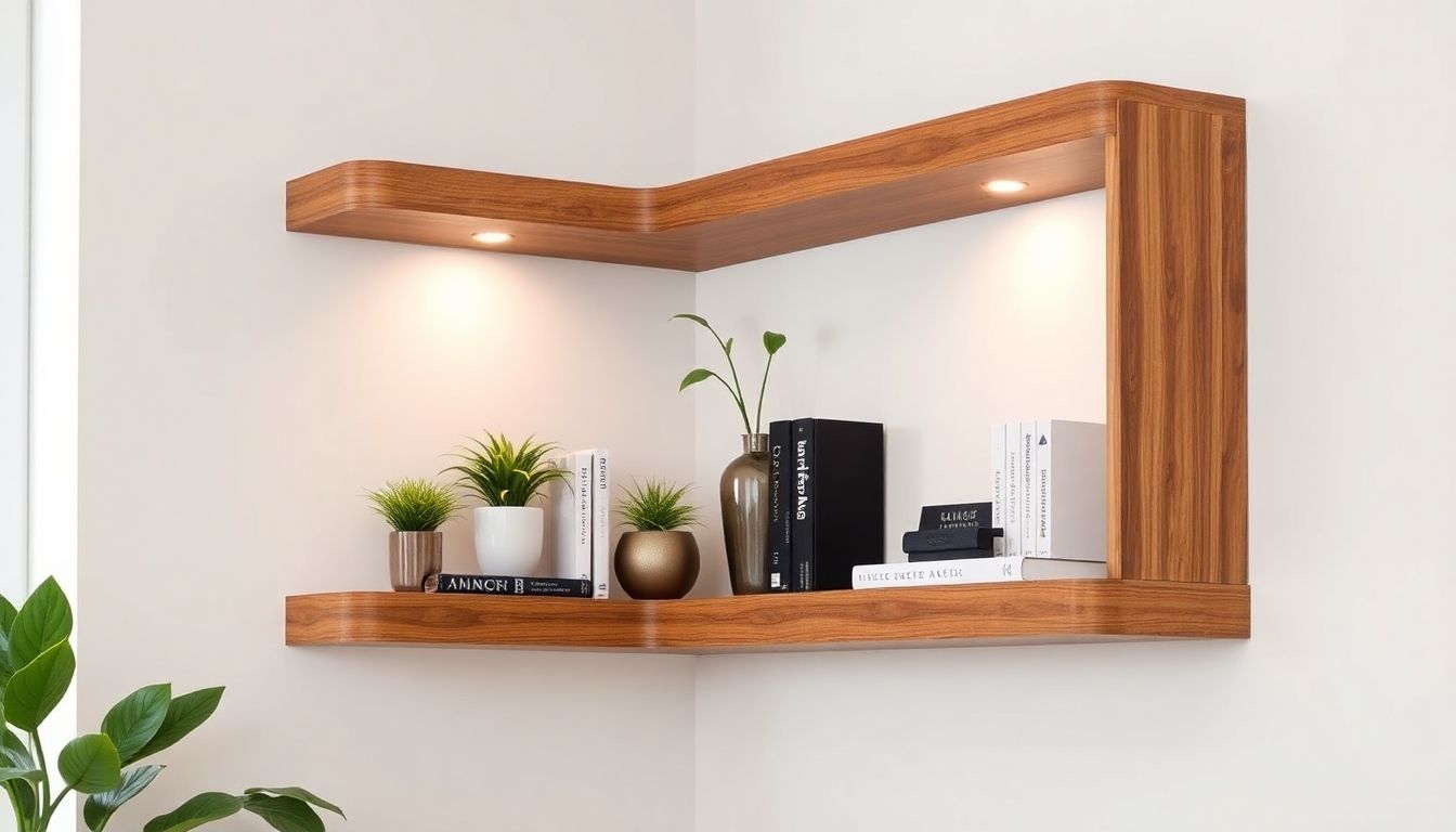 Realistic wooden corner shelf with decorative items.