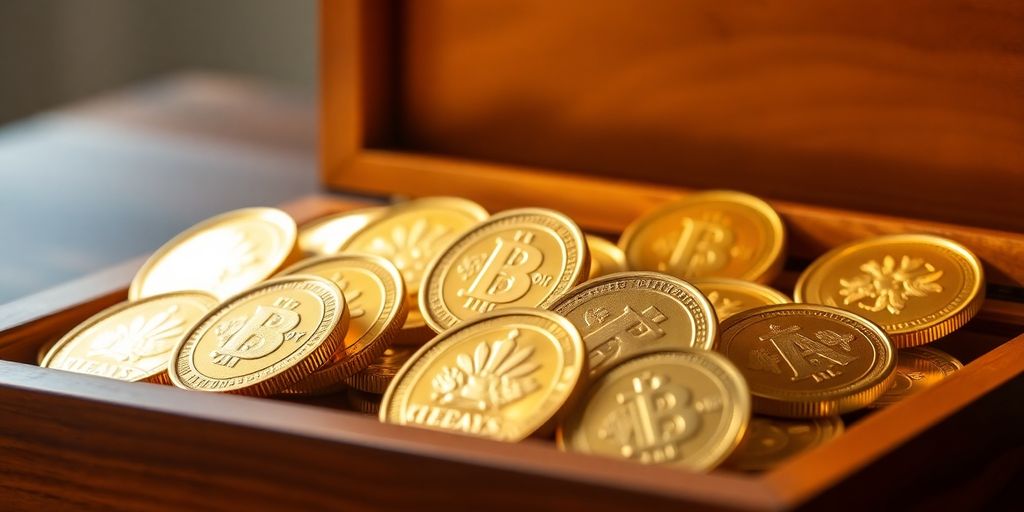 Pièces de monnaie en or dans une boîte en bois.