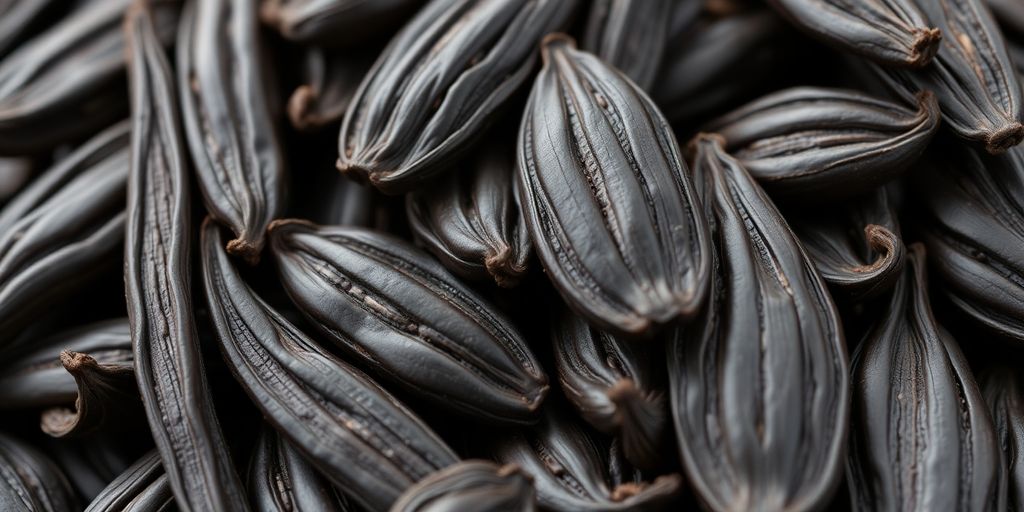 Close-up of rich, dark Indonesian vanilla beans.