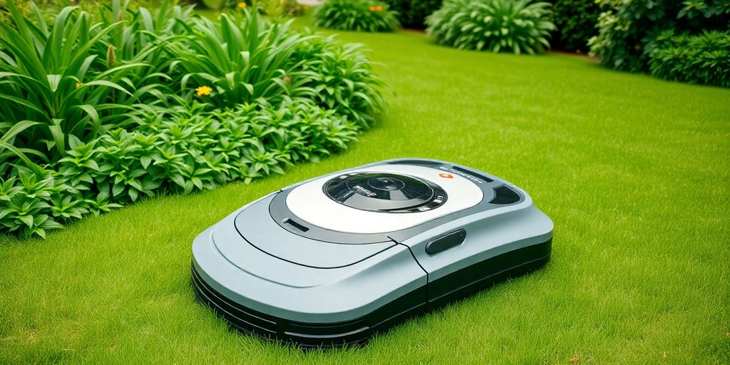 Robotgräsklippare i en grön trädgård i Stockholm