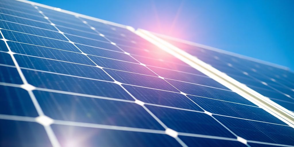 Close-up of solar panels under bright sunlight.