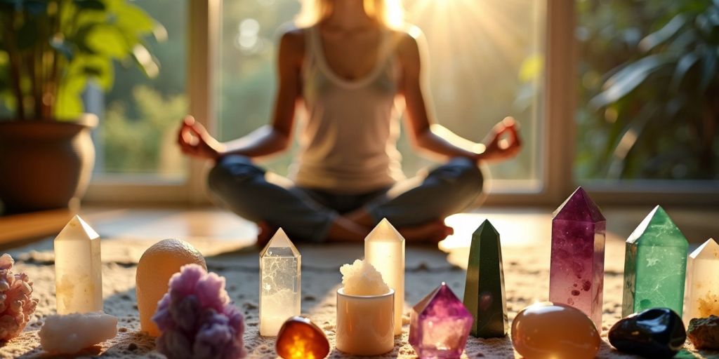 Persona che medita con cristalli
