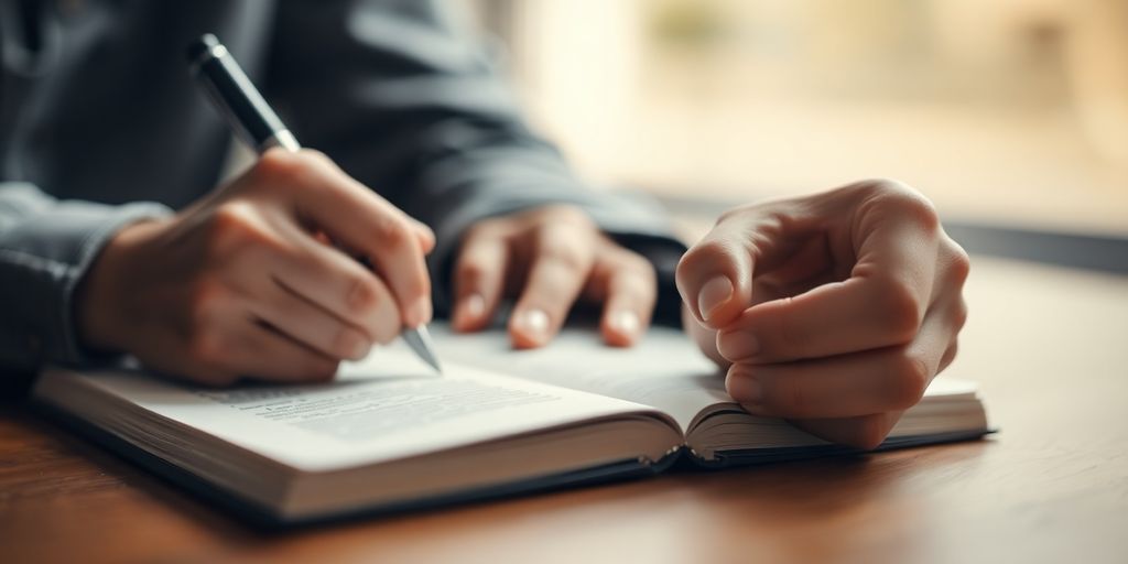Person writing in a notebook with a pen.