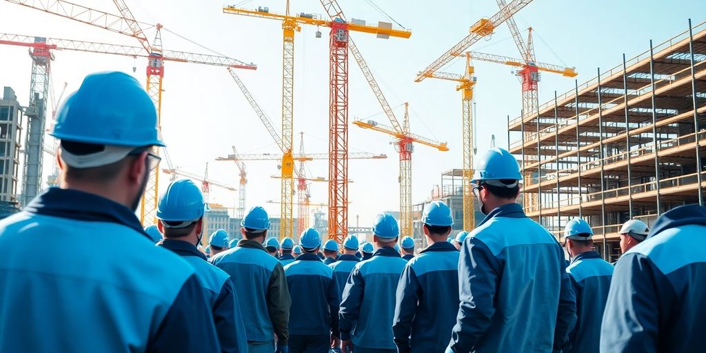 Großprojekt im Baugewerbe: Wie Zeitarbeit den Projektverlauf rettete Bauarbeiter in blauen Akzenten auf einer Baustelle.