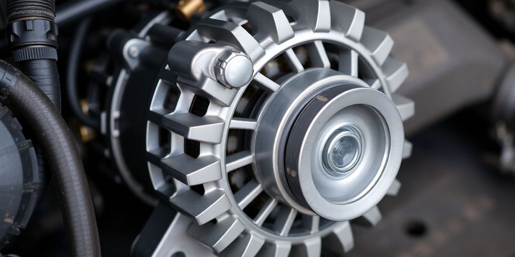 A close-up view of a car alternator.
