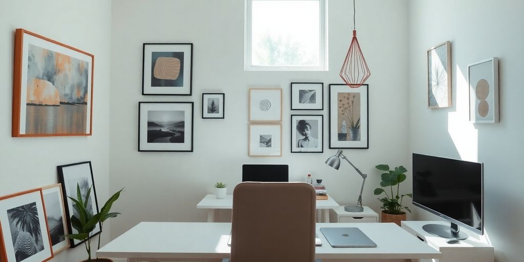Modern home office with diverse, stylish wall art.
