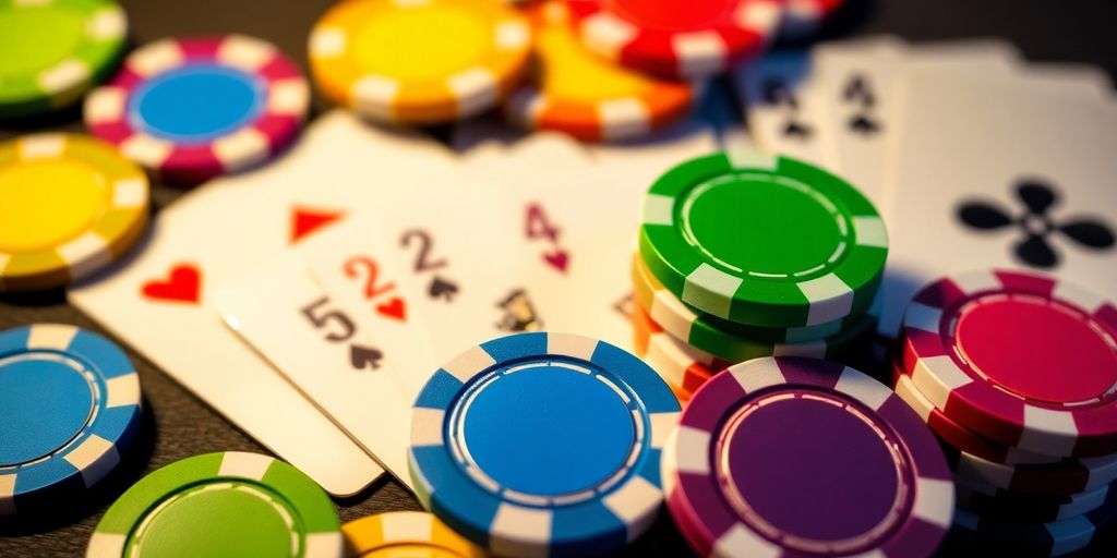 Casino chips and playing cards arranged neatly.