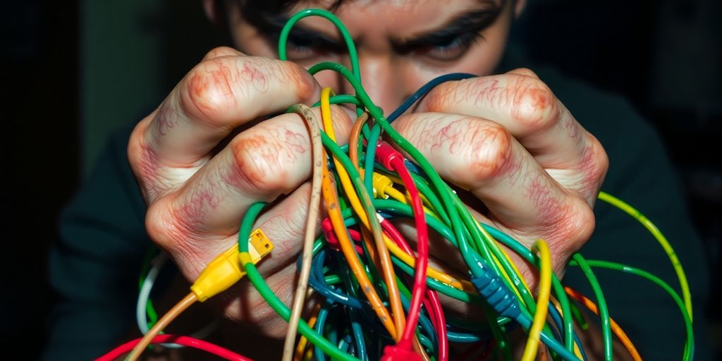 Frustrated person surrounded by tangled wires.