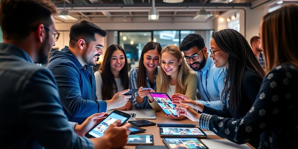 Profissionais de marketing a colaborar em estratégias para o Instagram.