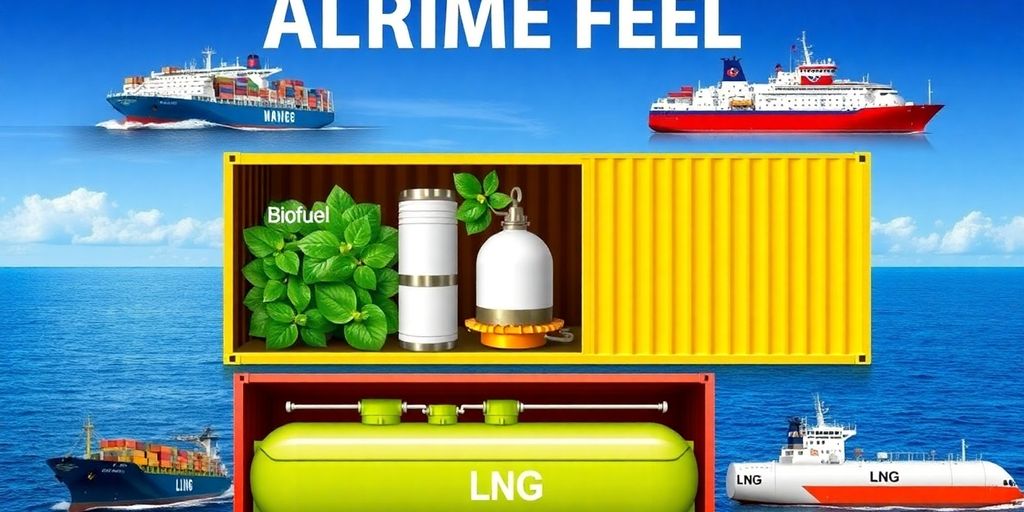 Marine alternative fuels with ships and ocean backdrop.