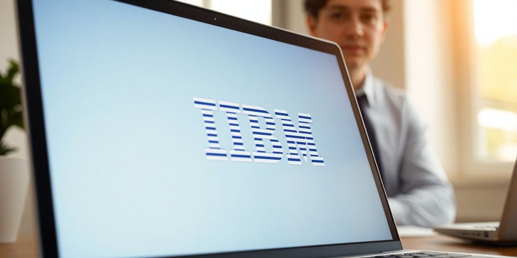 Laptop screen with IBM logo, professional in background.