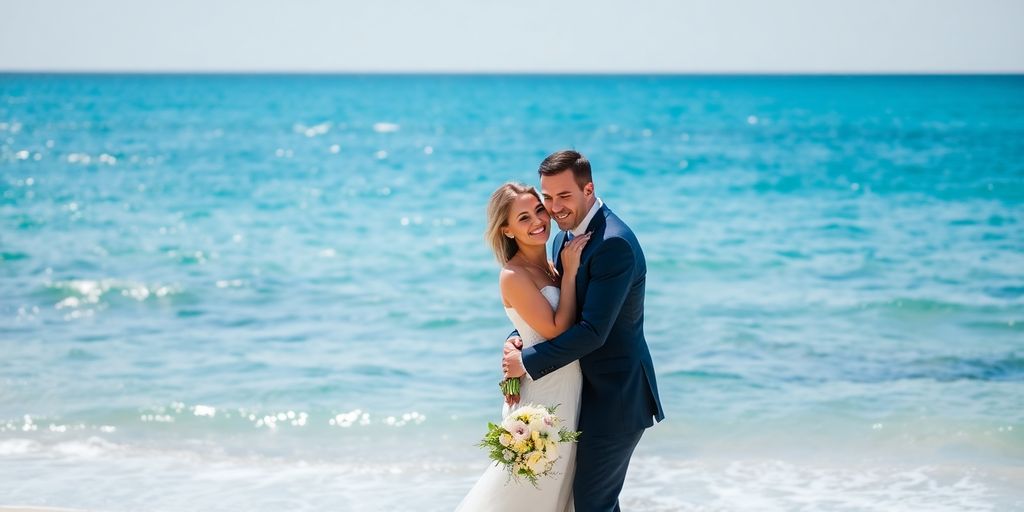 Couple embracing on a beach with ocean backdrop.