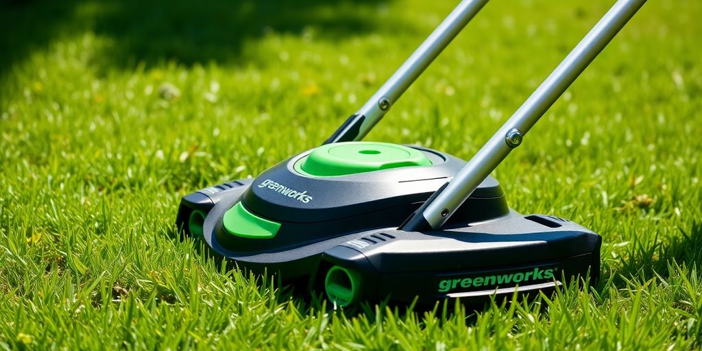 Greenworks cordless lawn mower on a green lawn.