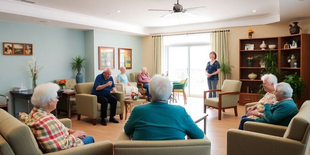 Ambiente acolhedor de casa de repouso para idosos.