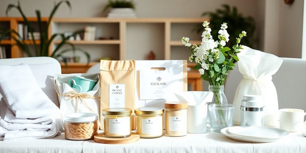 Eco-friendly bridal shower gifts arranged elegantly on a table.