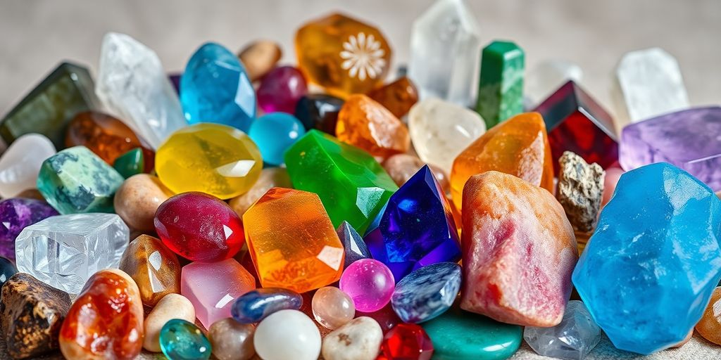 Pietre e cristalli colorati su sfondo neutro.