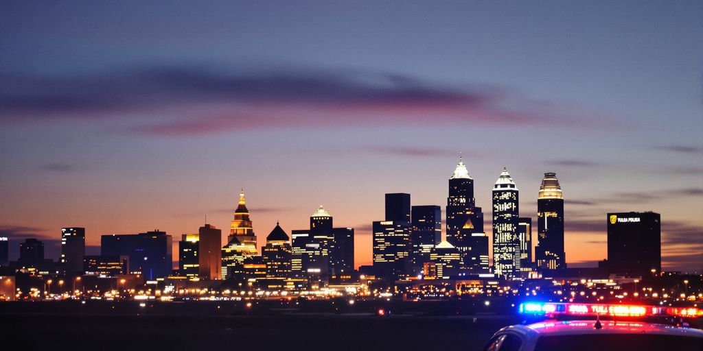 Tulsa cityscape with subtle police lights