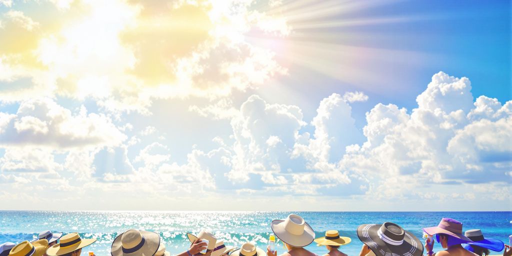 Bright sunlight with people on a beach applying sunscreen.