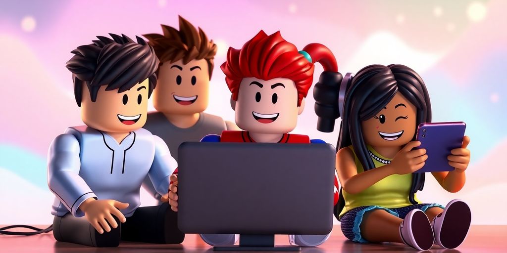 Colorful Roblox characters playing on various devices.