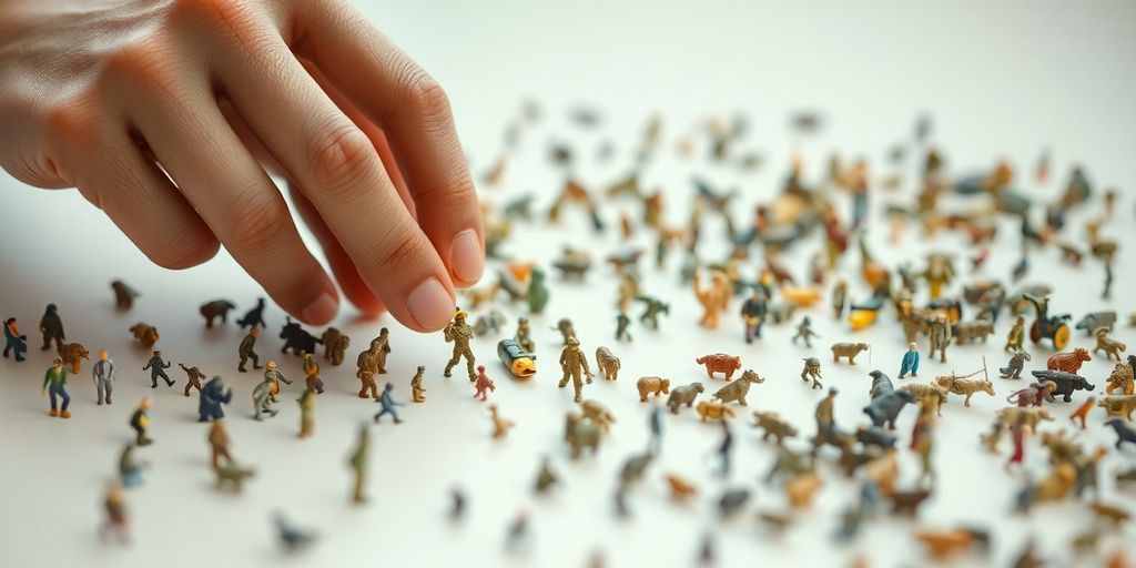 Hands choosing a small figure.