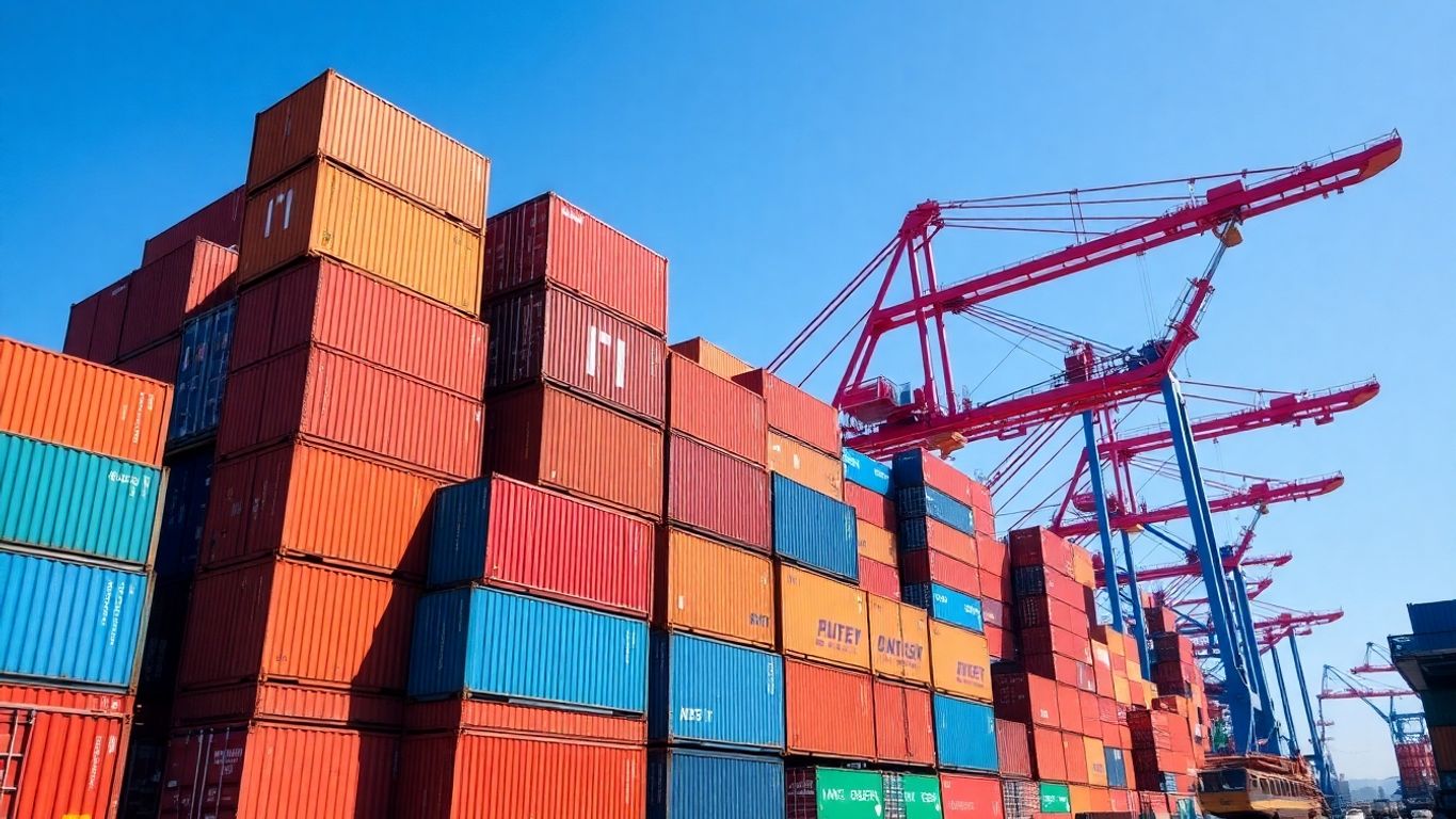 Shipping containers stacked in bustling Los Angeles port.