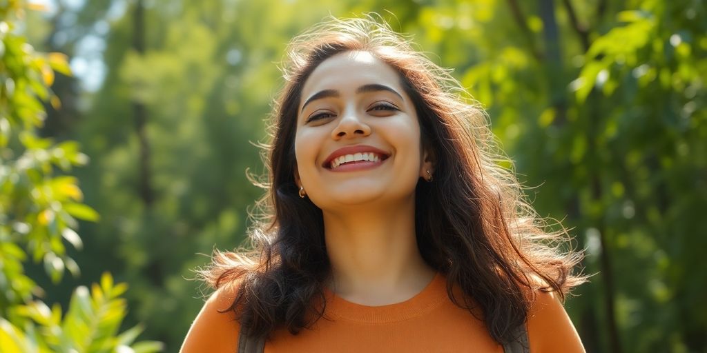 Person smiling, feeling healthy and confident in a peaceful setting.