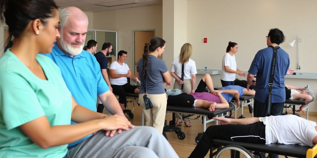 People doing physical therapy exercises.