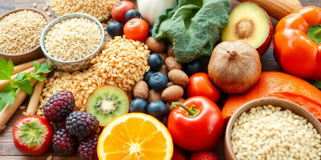 Colorful array of high-fiber foods on a wooden table.